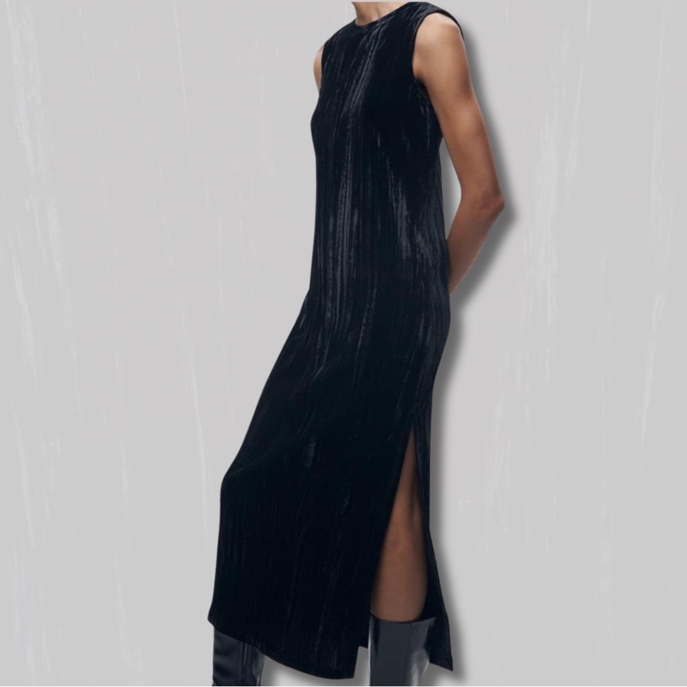 Zara Black Velvet Maxi Dress with Side Slit